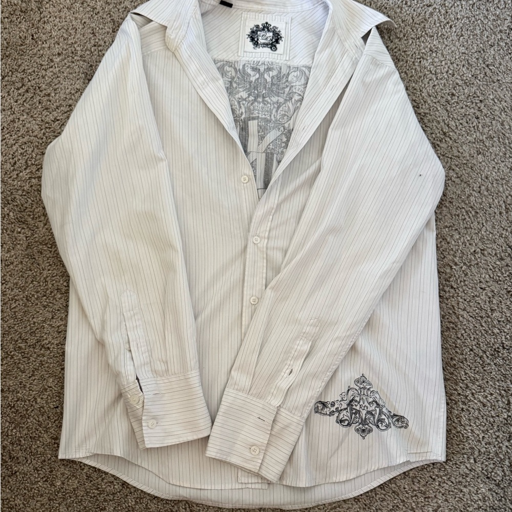 Source Unknown Men's Cream Striped Shirt with Graphic Detail